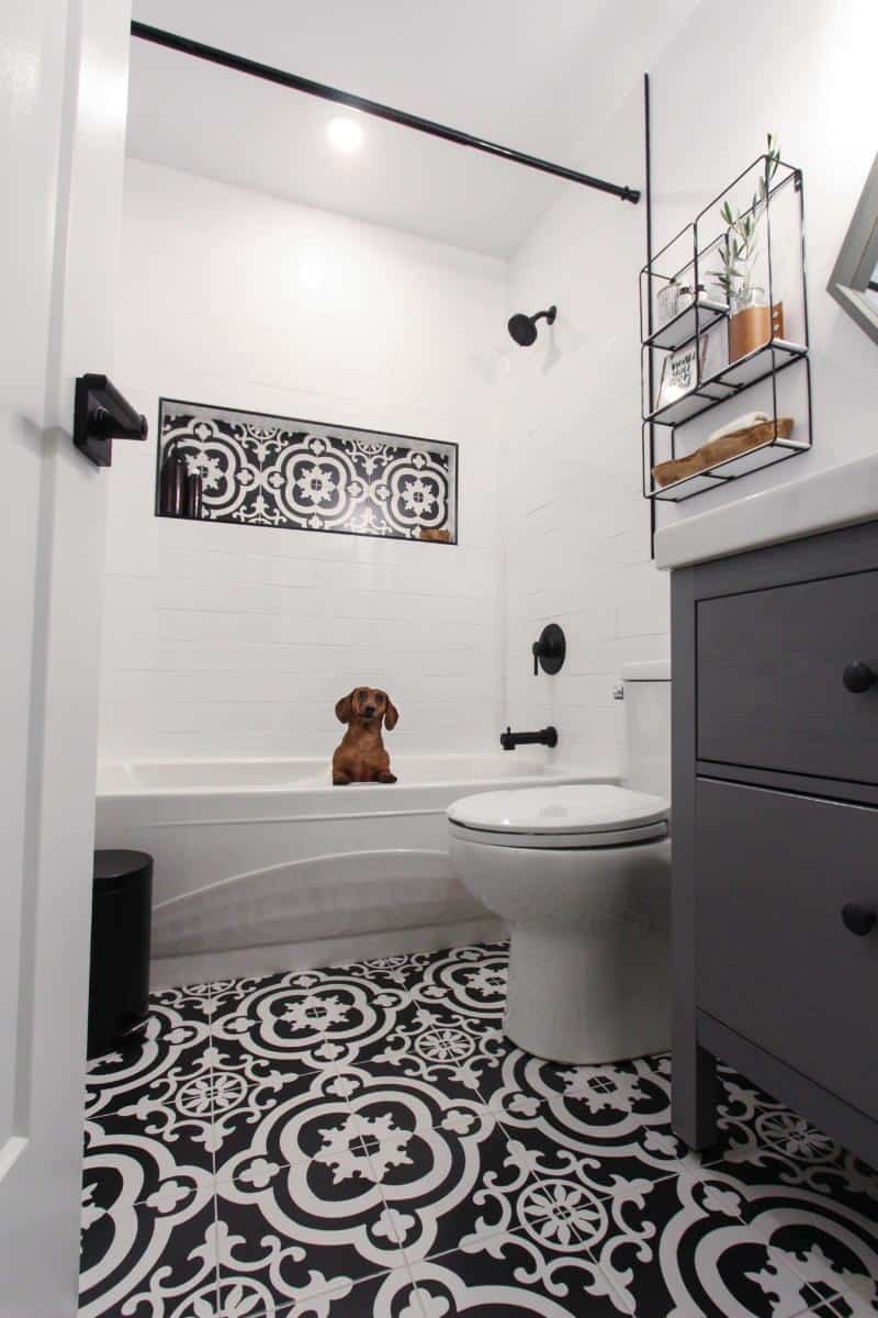 black and white patterned tile niche cute dog in bathtub